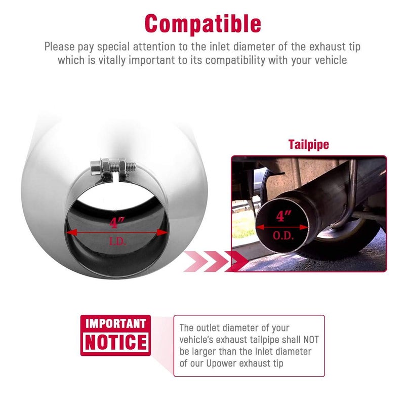 Upower Universal Diesel Trucks Car Exhaust Tip 4 Inch Inlet 6" Outlet 15" Long Stainless Steel Bolt-On - Image 2